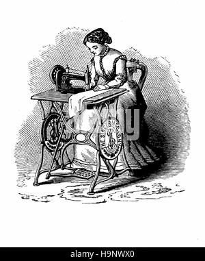 Sewing machine by Isaac Merritt Singer - XIX th century - American engraving Stock Photo