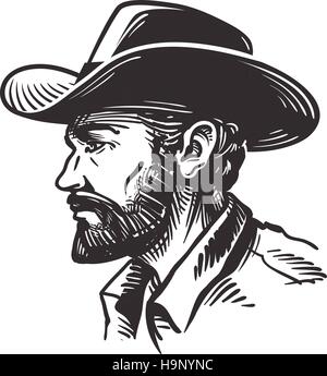 Portrait man in cowboy hat. Sketch vector illustration Stock Vector
