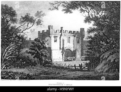 An engraving of the Remains of Mackworth Castle, Derbyshire scanned at high resolution from a book printed in 1812. Stock Photo