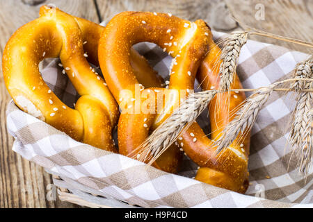Breadbasket with traditional homemade Bavarian pretzels Stock Photo