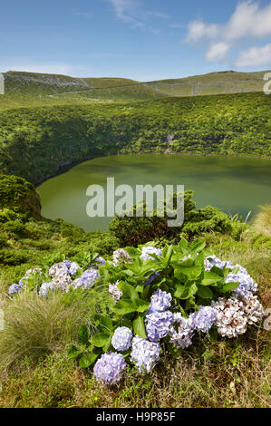 Azores landscape with lake in Flores island. Caldeira Funda. Portugal. Vertical Stock Photo