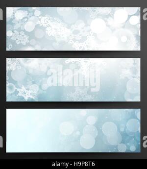 Set Of Winter Festive Abstract Snowflakes Blue Banners With Light Stock Vector