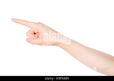 Pointing finger. Female hand pointing or touching something. Isolated on white with clipping path Stock Photo