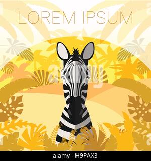 Flat Vector image of the Zebra on the Jungle Background Stock Vector