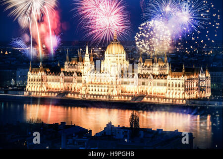 Fireworks and Hungarian parliament, Budapest Stock Photo