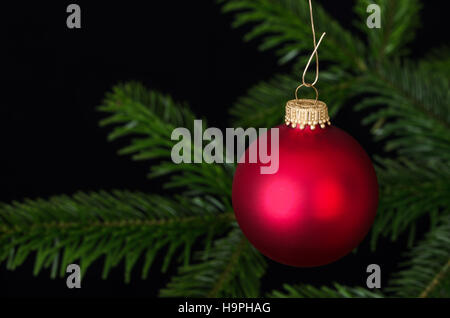 Red glass bauble, a spherical Christmas ornament, usually hung on a Christmas tree.  Christmas ball, a Xmas tree decoration. Stock Photo