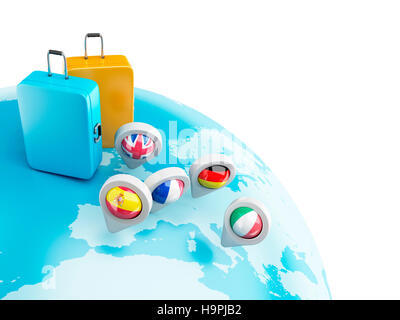 3D Illustration. Globe with map pointers and suitcase. Travel concept. Isolated white background. Stock Photo