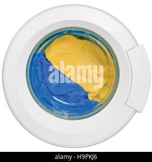Washing machine door, clean colorful clothes, yellow, blue plush terry, isolated Stock Photo