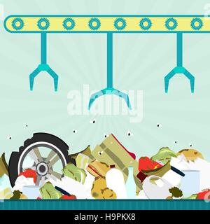 Machine (conveyor) with grippers carrying garbage in landfill. Garbage contains tires, rotten foods, plastics, glass and old crate. Stock Vector