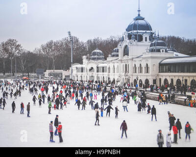 Skaters in City Park Ice Rink Budapest Stock Photo