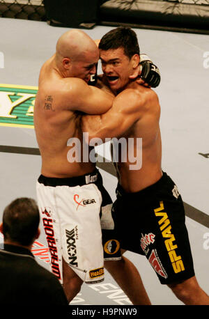 Lyoto Machida, right, fights Sam Hoger at the Ultimate Fighting Champion Championship UFC 67 at the Mandalay Bay Hotel in Las Vegas on Feb. 3, 2007. Photo credit: Francis Specker Stock Photo