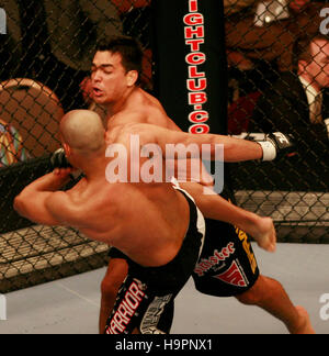 Lyoto Machida, top, fights Sam Hoger at the Ultimate Fighting Champion Championship UFC 67 at the Mandalay Bay Hotel in Las Vegas on Feb. 3, 2007. Photo credit: Francis Specker Stock Photo