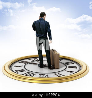 Businessman with a briefcase standing on the clock. 3D illustration. Stock Photo