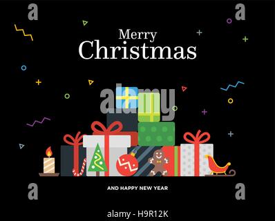 Gift boxes bunch and christmas balls, candy, candle, gingerbread man Stock Vector