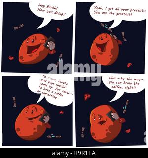 Colorful vector comic of Mars, calling Earth on the phone, inviting us to visit for a cup of coffee. Stock Vector