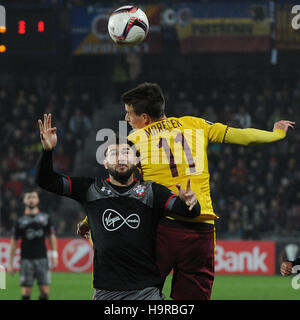 Prague, Czech Republic. 24th Nov, 2016. From left: Charlie Austin of Southampton and Lukas Marecek of Sparta in action during the European league, 5th round, AC Sparta Praha - Southampton FC match in Prague, Czech Republic, on Thursday, November 24, 2016. Credit:  Ondrej Deml/CTK Photo/Alamy Live News Stock Photo