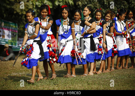 Kathmandu, Nepal. 25th Nov, 2016. Women from the Tharu community dressed in customary attire getting ready to perform a stick dance during a fish eating festival at Brikutimandap, Kathmandu, Nepal on Friday, November 25, 2016. © Skanda Gautam/ZUMA Wire/Alamy Live News Stock Photo