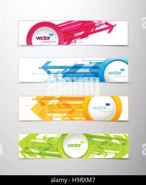 Set of four horizontal banners with arrows and circle for your text or number - version with white middle circle and sample text. Stock Vector