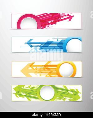 Set of four horizontal banners with arrows and circle for your text or number - version with white middle circle. Stock Vector