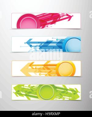 Set of four horizontal banners with arrows and circle for your text or number - version with colored middle circle. Stock Vector