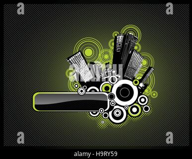 Dark cityscape illustration with circles, shine 3d effect and place for your text. Stock Vector