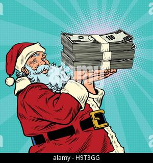 Santa Claus with a bundle of money dollars, pop art retro vector illustration. The annual bonus. Festive lottery Stock Vector