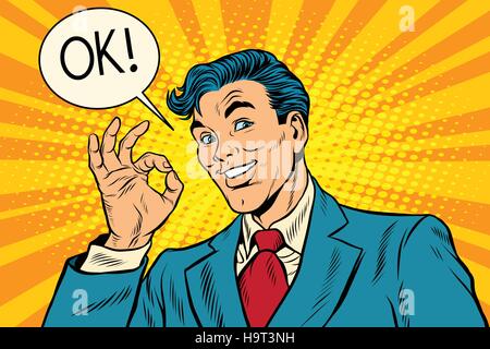 Joyful businessman OK gesture, pop art retro vector illustration Stock Vector