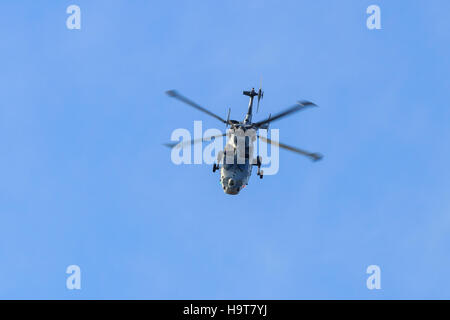 Royal Navy Augusta Westland Wildcat HMA.2  helicopter, one of the Black Cats display team performing at the southport airshow Stock Photo