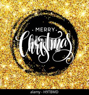 Handwritten calligraphic inscription Merry Christmas in a circle pattern of golden confetti. Design element for banner, card, invitation, label, postcard, vignette. Vector illustration. Stock Vector