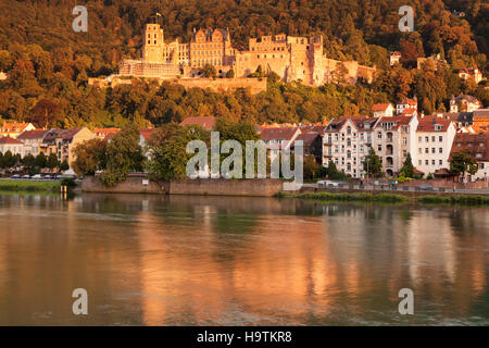 View over the Neckar River of castle at sunset in Heidelberg, Baden-Württemberg, Germany Stock Photo