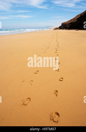 Footprints in the sand, beach of Barlovento, north coast, Jandia, Fuerteventura, Canary Islands, Spain Stock Photo