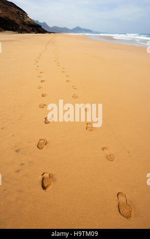 Footprints in the sand, beach of Barlovento, north coast, Jandia, Fuerteventura, Canary Islands, Spain Stock Photo