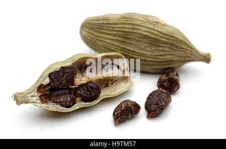 Green cardamom pods and seeds close up on white background Stock Photo