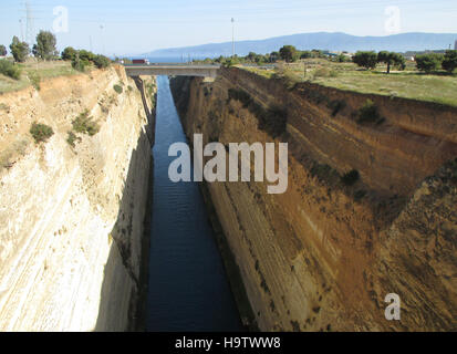 Awesome view of famous Corinth Canal with motorway bridge, Corinthia in Greece Stock Photo