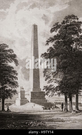 19th Century view of the Wellington Monument in Phoenix Park, Dublin City, Ireland. The obelisk was designed by the architect Sir Robert Smirke and the foundation stone was laid in 1817. In 1820 it ran out of construction funds and therefore remained unfinished until 18 June 1861 when it was opened to the public. There were also plans for a statue of Wellesley on horseback but it was never completed. Stock Photo