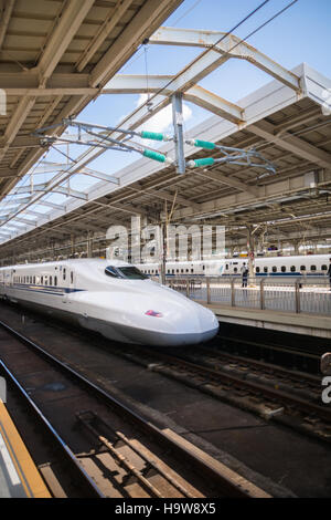 Shinkansen, bullet train, train arriving at the Shin Osaka Station in Osaka, Japan. Stock Photo