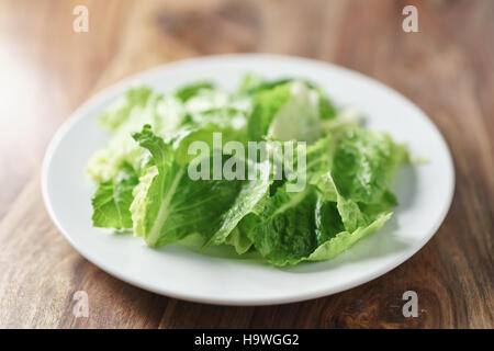 torn romaine lettuce leaves in plate on wood table Stock Photo