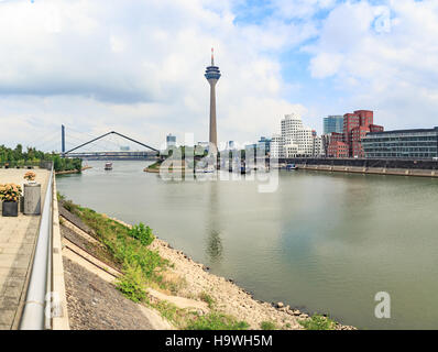 Rhine river boardwalk with view on Dusseldorf city in Germany Stock Photo