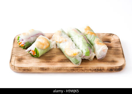 Vietnamese rolls with vegetables, rice noodles and prawns isolated on white background Stock Photo