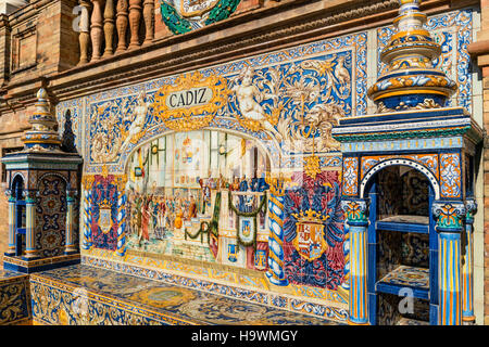 Antique ceramic, wall tiles representing provinces and cities of Spain ,Province Cadiz , Placa de Espana, spanish square, Seville, Andalusia, Spain, Stock Photo