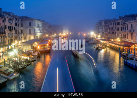 View from Rialto bridge to Canal Garnde at dusk, fog, gondola,  Venedig, Venezia, Venice, Italia, Europe, Stock Photo