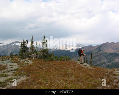 Hikers traverse a trail near Fifty Mountain Camp in Glacier National Park, with breathtaking mountain views and pristine natural surroundings. The park remains a symbol of the natural beauty and wilderness of the Rocky Mountains. Stock Photo