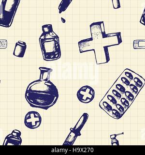 Vector doodle seamless illustration. Medicine icons Stock Vector
