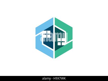 real estate house logo, abstract modern cube building home construction symbol icon, architecture apartment home template vector Stock Vector
