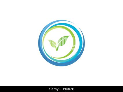 circle element spring water ecology nature plant logo icon, wellness health organic symbol vector design Stock Vector