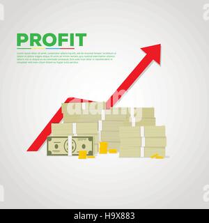 Flat illustration of pile of green dollars and gold coins. Red graph arrow rising on backgroung. Stock Vector