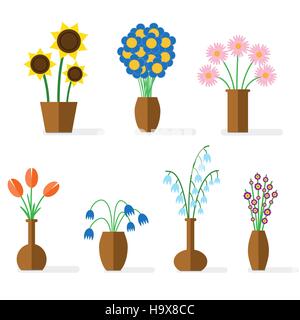 Flat illustration with shadows. Colorful flowers in brown clay vases. Stock Vector