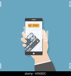 Simple flat illustration. Hand holding smartphone with credit card and pay button. Phone application template. Stock Vector