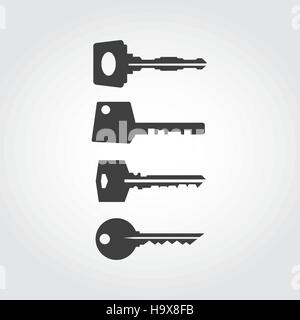 Four black house keys icons. Keys silhouette. Stock Vector