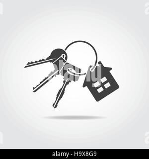 Black icon. Trinket with three keys and small house badge. Stock Vector